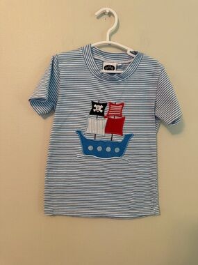 PBJ Blue Striped Kids Tee with Pirate Ship Appliqué